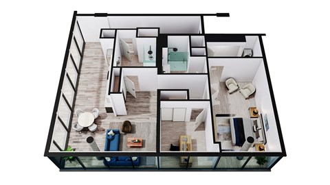 A top down view of a modern house interior with a kitchen, living room, and bedrooms.